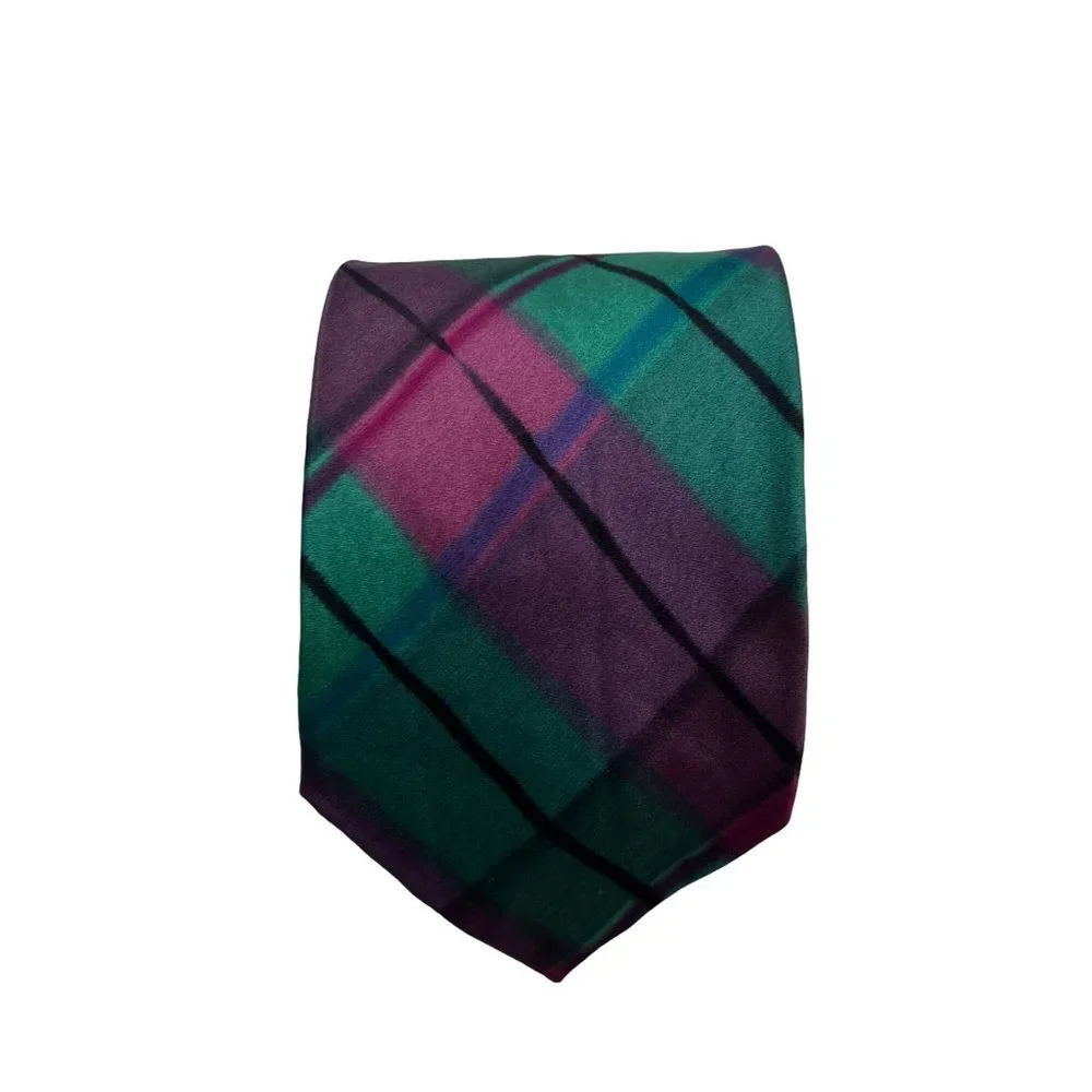 VTG Y2K Robert Daskal Hand Painted Silk Wide Tie Necktie Plaid Purple Teal 60X4